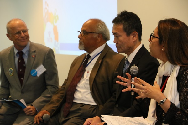 From right: Isaac Adewole, Ellen Trane Nørby, Janet Ginnard, Irene Koek, Osamu Kunii, Kitty van Weezenbeek and José Luis Castro, moderated by Jeff Acaba